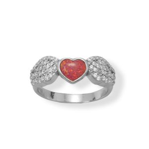 Rhodium Plated CZ Wing and Red Opal Heart Ring